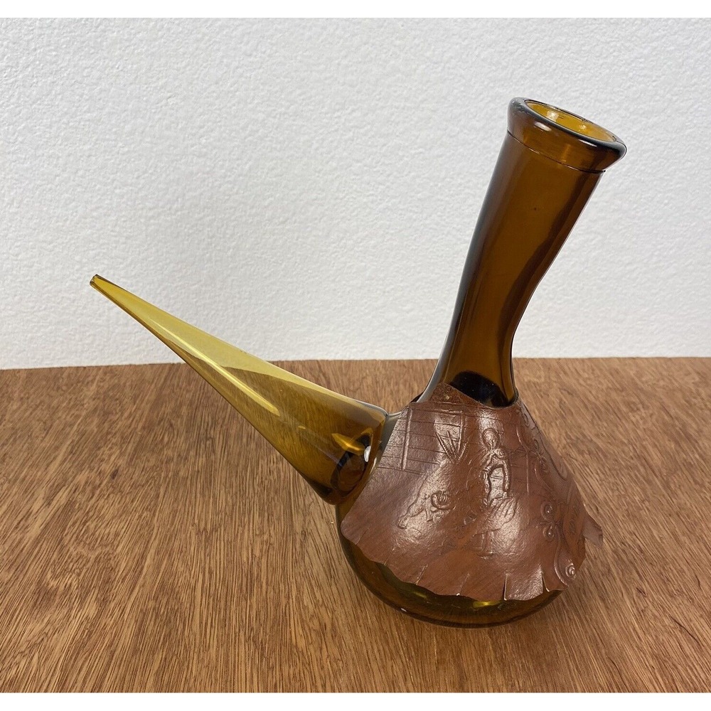 Vintage Spanish Amber Glass Porron Wine Decanter Leather Wrapped Recuerdo Espana
